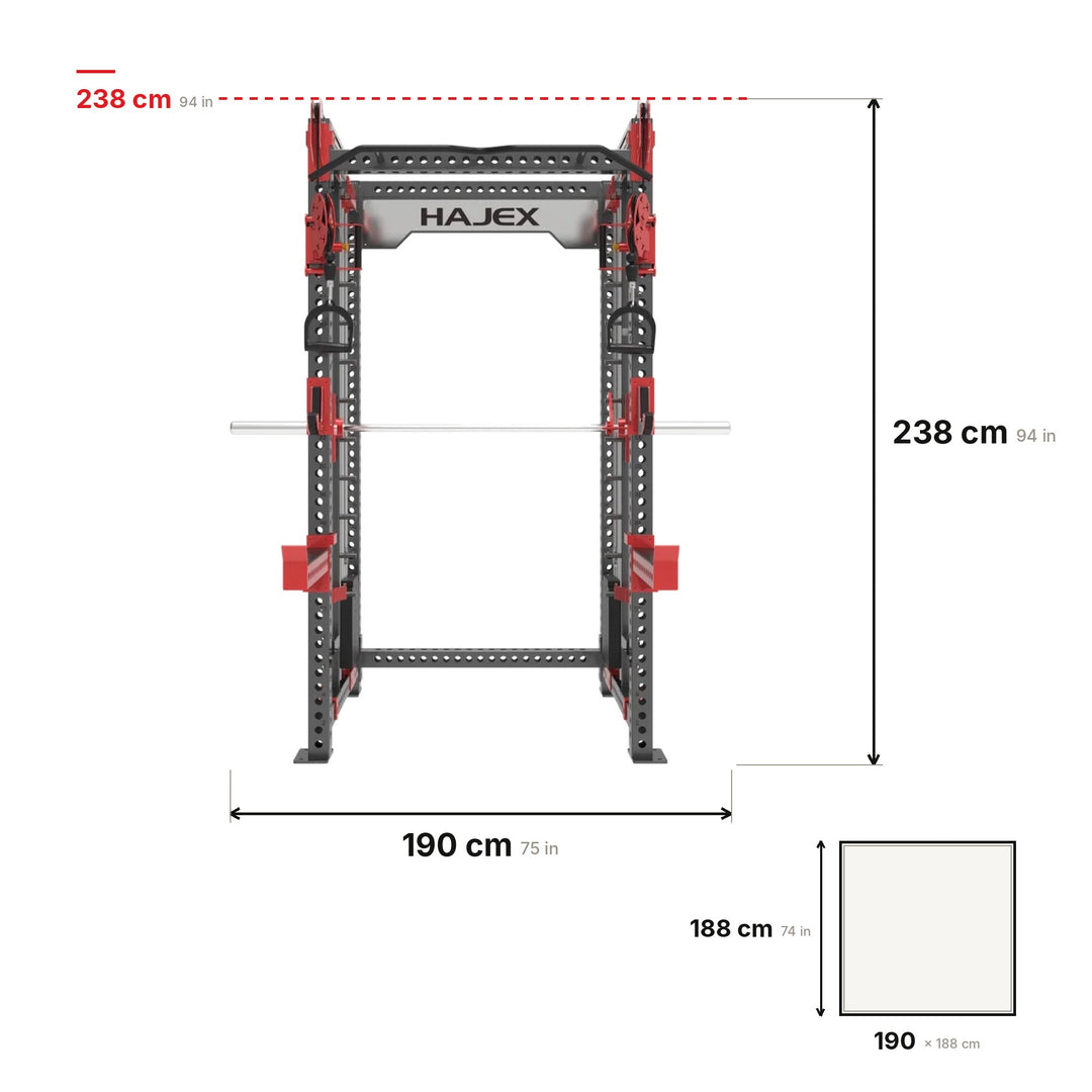 HAJEX Smith Machine X3 dimensions: 190 × 188 × 238 cm (75 × 74 × 94 in) to the top of the pull-up bar