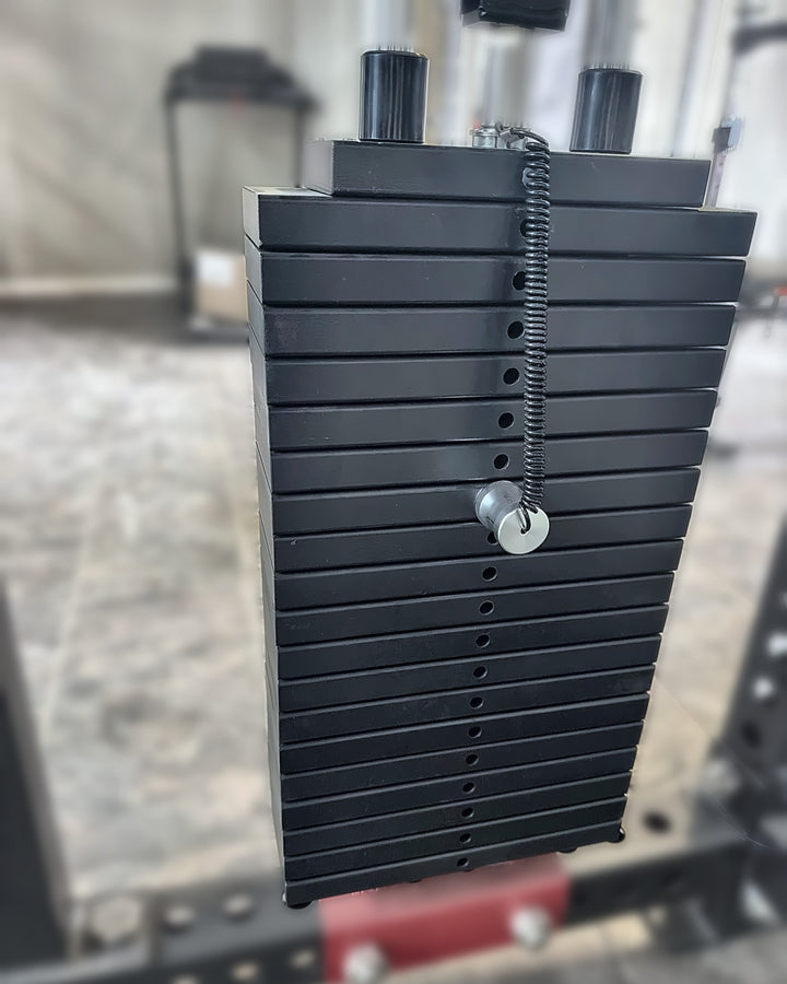 Smith Machine X3 weight stack: 20 plates, 165 lb per side, pin-select