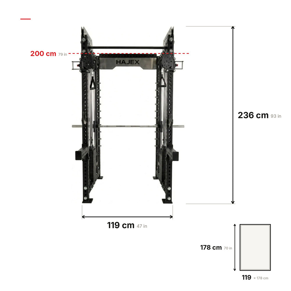 HAJEX Smith Machine X4 dimensions: 119 × 178 × 236 cm (47 × 70 × 93 in), pull-up bar at 200 cm