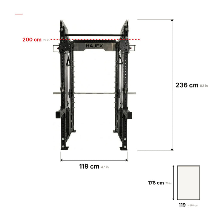 HAJEX Smith Machine X4 dimensions: 119 × 178 × 236 cm (47 × 70 × 93 in), pull-up bar at 200 cm