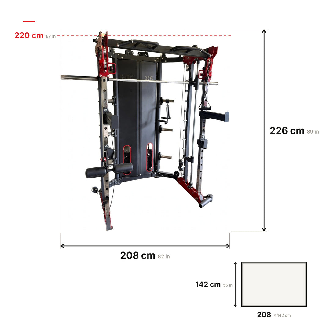 HAJEX Smith Machine X5 dimensions: 208 × 142 × 226 cm (82 × 56 × 89 in), pull-up bar at 220 cm